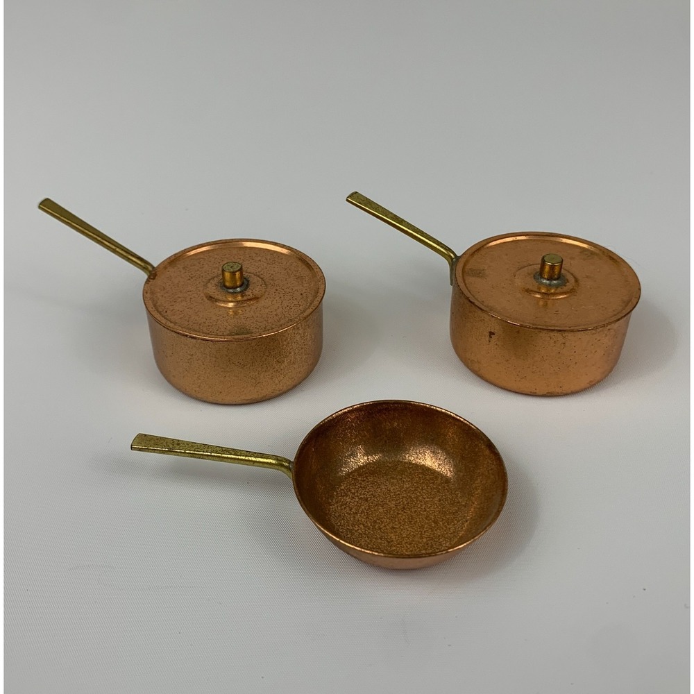 Vintage Dollhouse Miniature Copper Tone Pots with Lids and Skillet Lot of 3